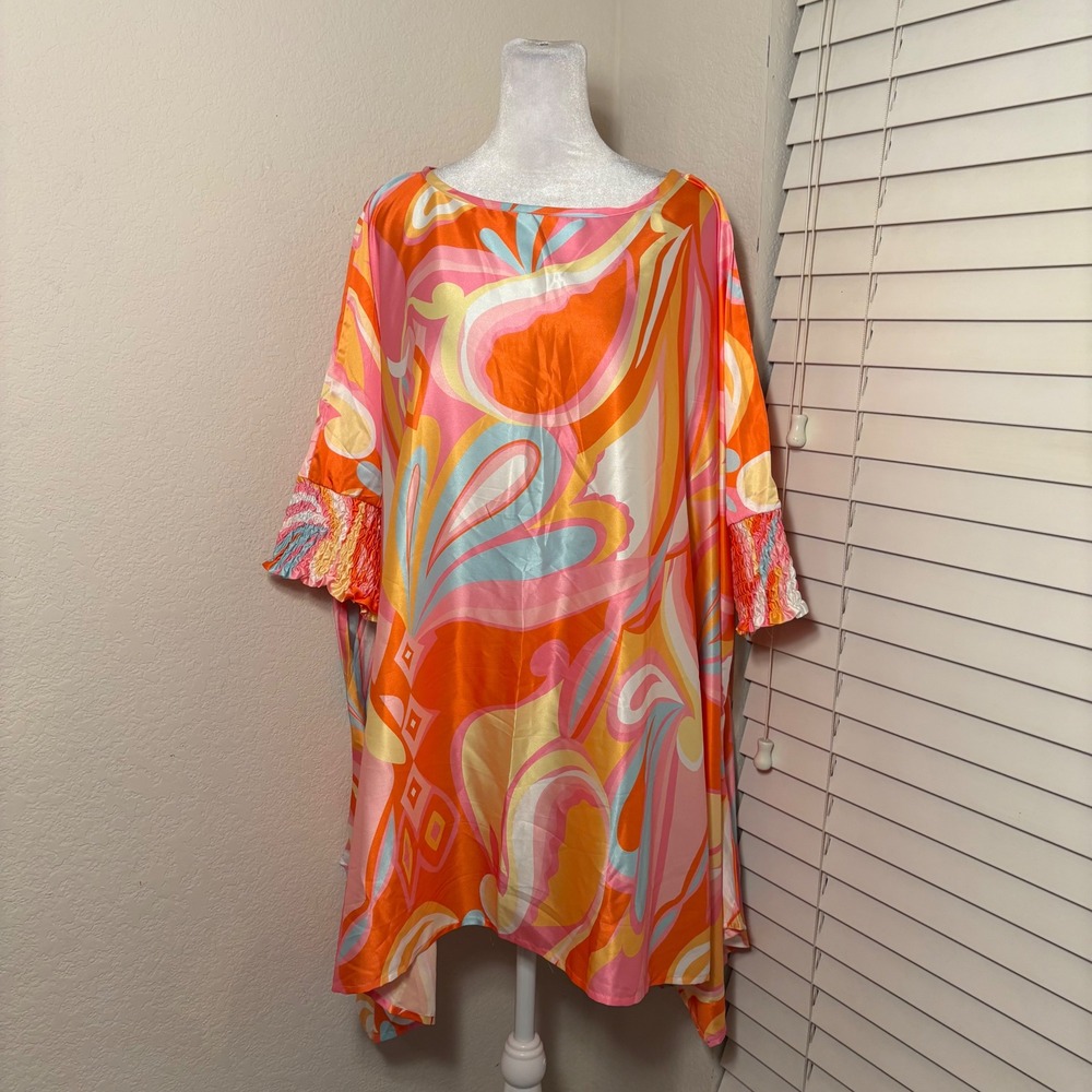 Chic Soul 3X Retro Psychedelic Swirl Kaftan Tunic Top Orange Pink Mod Resort